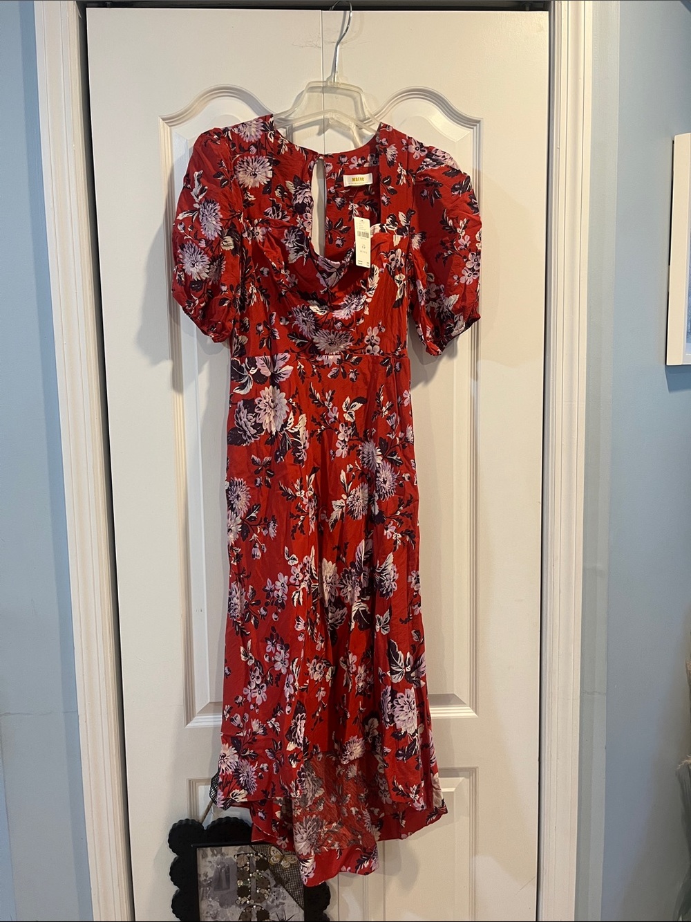 Maeve Red Floral High-Low Midi Dress with Puff Sleeves with pockets